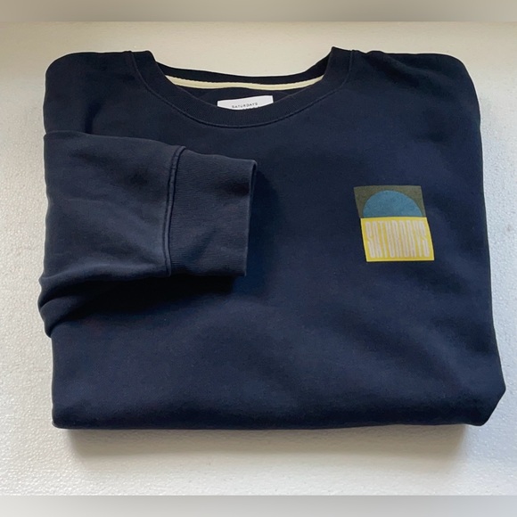 SATURDAYS NYC FRENCH TERRY BOWERY SUN GRAPHIC SWEATSHIRT NAVY BLUE BOYFRIEND - Picture 2 of 9
